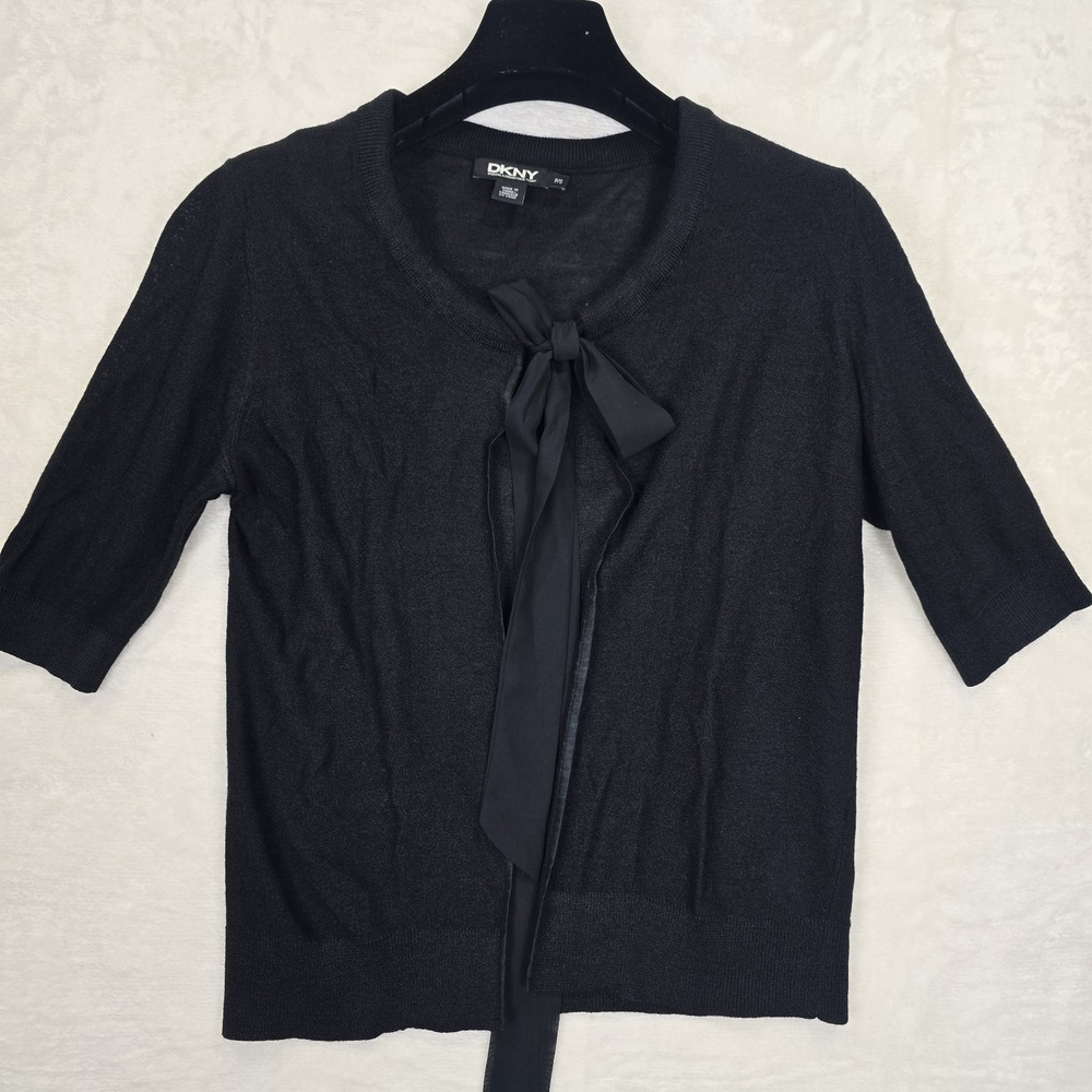 DKNY Tussah Silk Short Sleeve Tie Front Cardigan Black Women's Size Petite Small